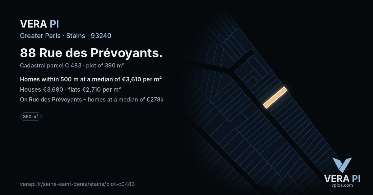 88 Rue des Prévoyants, Stains at night – the plot lit, the parcels around coloured by the prices near them