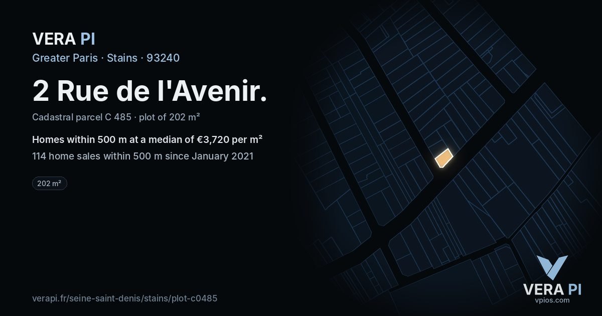 2 Rue de l'Avenir, Stains at night – the plot lit, the parcels around coloured by the prices near them