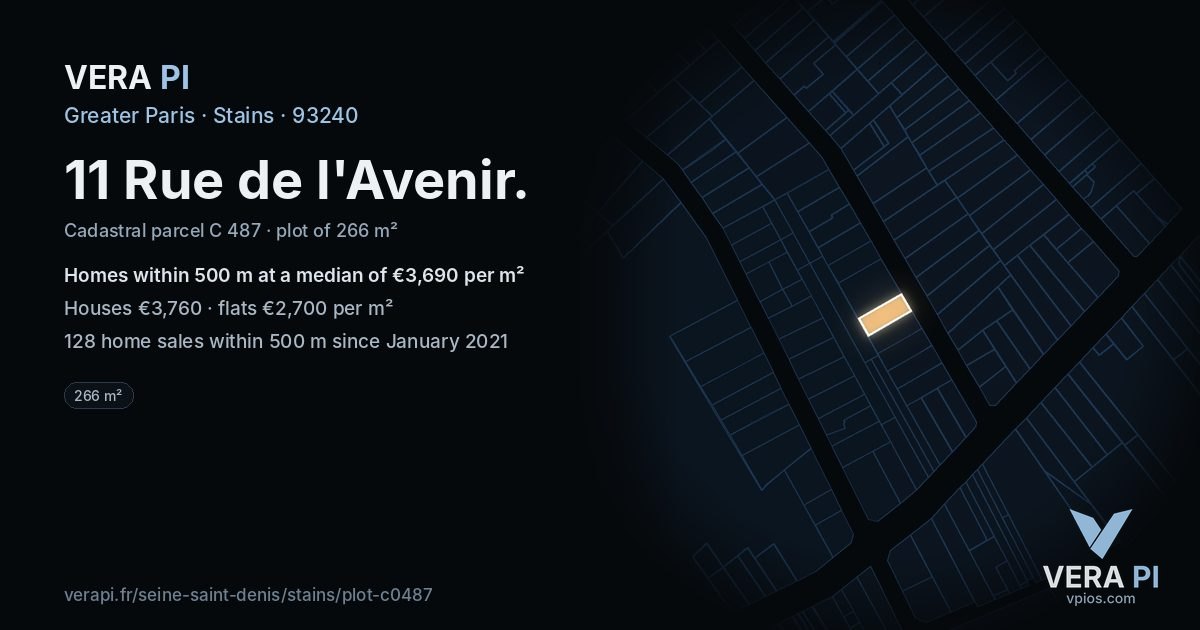 11 Rue de l'Avenir, Stains at night – the plot lit, the parcels around coloured by the prices near them