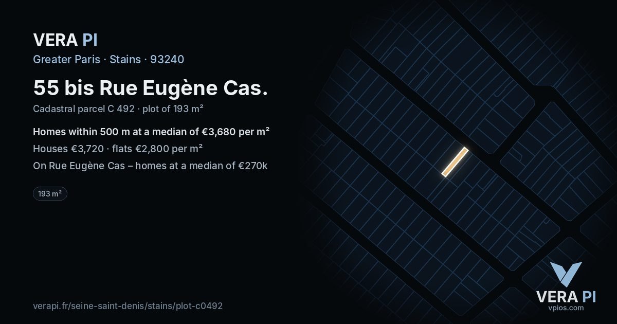 55 bis Rue Eugène Cas, Stains at night – the plot lit, the parcels around coloured by the prices near them