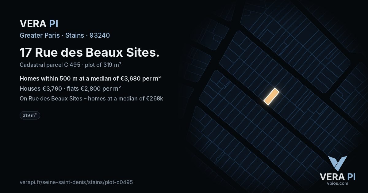 17 Rue des Beaux Sites, Stains at night – the plot lit, the parcels around coloured by the prices near them