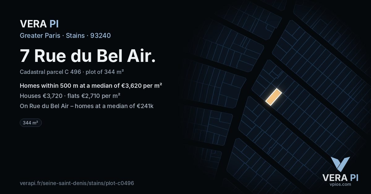 7 Rue du Bel Air, Stains at night – the plot lit, the parcels around coloured by the prices near them