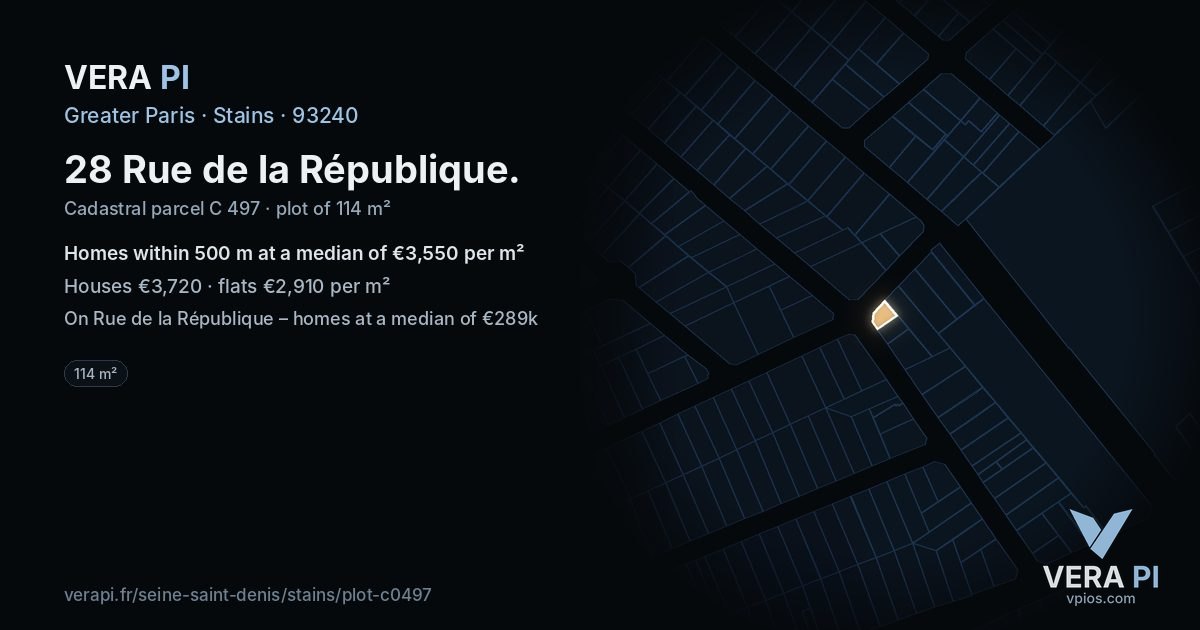 28 Rue de la République, Stains at night – the plot lit, the parcels around coloured by the prices near them