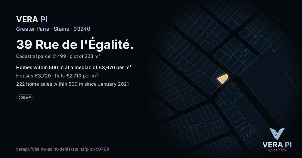 39 Rue de l'Égalité, Stains at night – the plot lit, the parcels around coloured by the prices near them