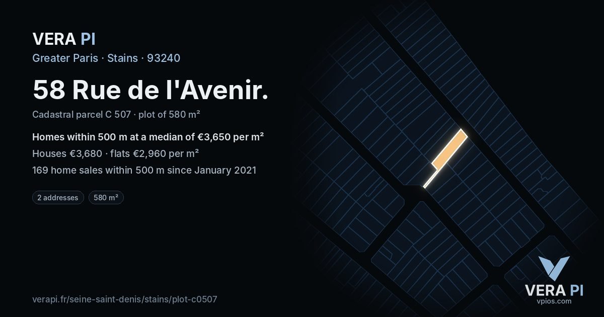 58 Rue de l'Avenir, Stains at night – the plot lit, the parcels around coloured by the prices near them