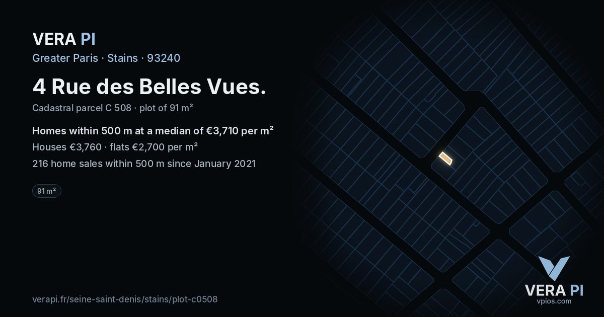 4 Rue des Belles Vues, Stains at night – the plot lit, the parcels around coloured by the prices near them