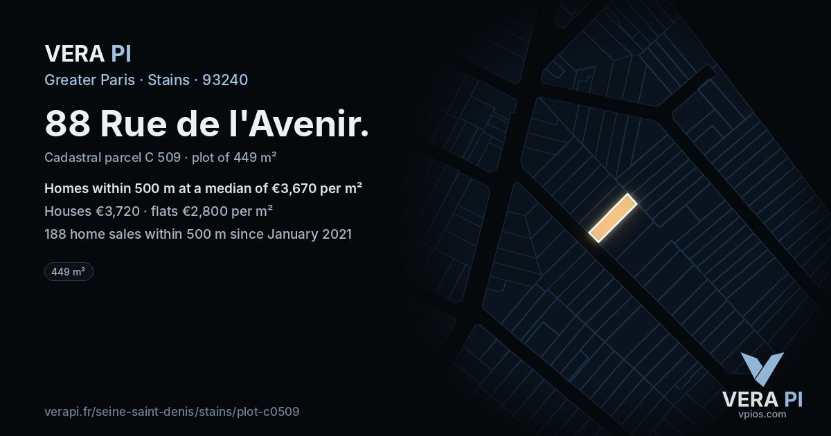 88 Rue de l'Avenir, Stains at night – the plot lit, the parcels around coloured by the prices near them