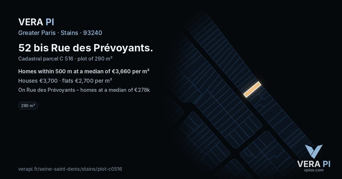 52 bis Rue des Prévoyants, Stains at night – the plot lit, the parcels around coloured by the prices near them