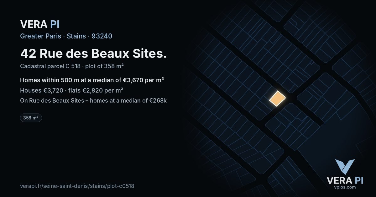 42 Rue des Beaux Sites, Stains at night – the plot lit, the parcels around coloured by the prices near them