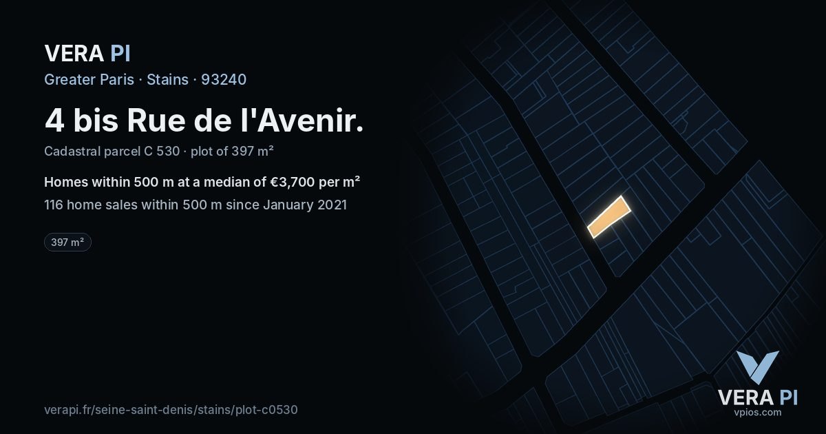 4 bis Rue de l'Avenir, Stains at night – the plot lit, the parcels around coloured by the prices near them