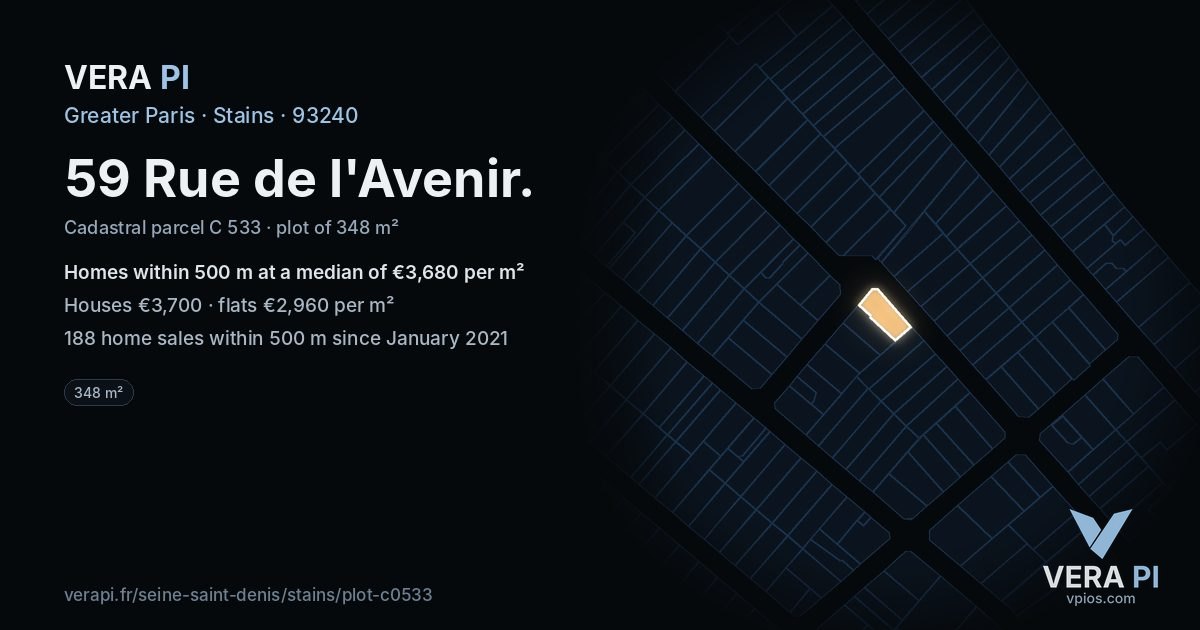 59 Rue de l'Avenir, Stains at night – the plot lit, the parcels around coloured by the prices near them