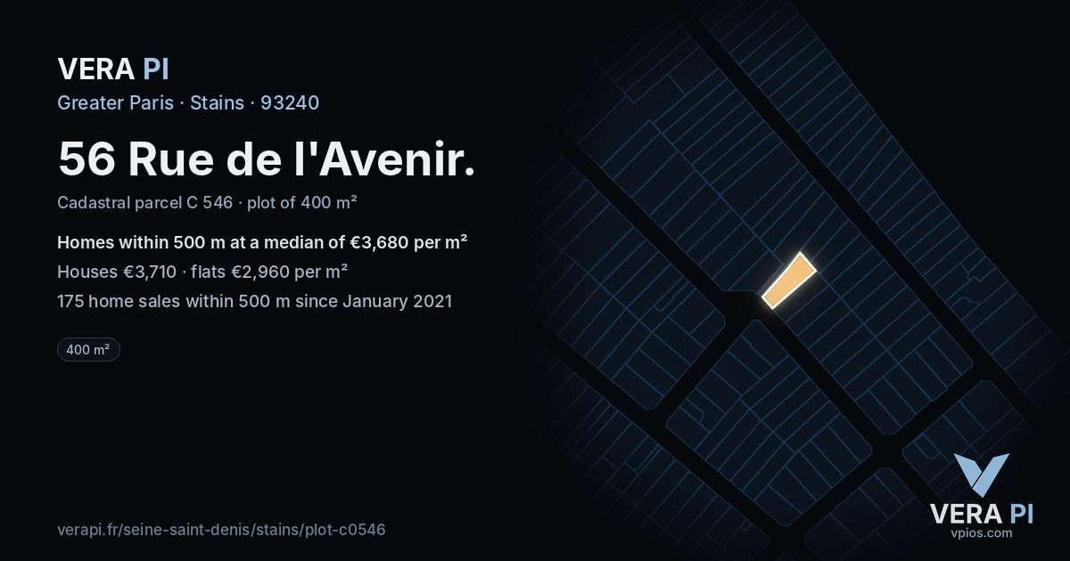 56 Rue de l'Avenir, Stains at night – the plot lit, the parcels around coloured by the prices near them
