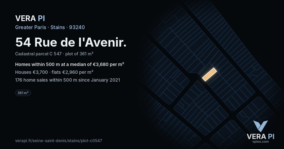 54 Rue de l'Avenir, Stains at night – the plot lit, the parcels around coloured by the prices near them