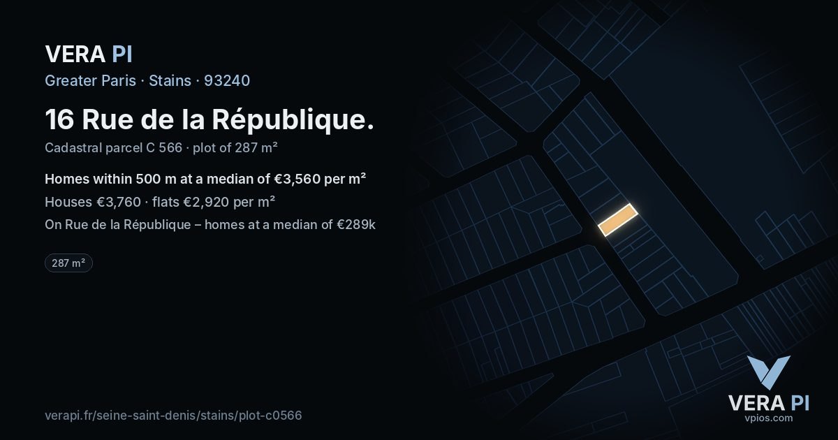 16 Rue de la République, Stains at night – the plot lit, the parcels around coloured by the prices near them