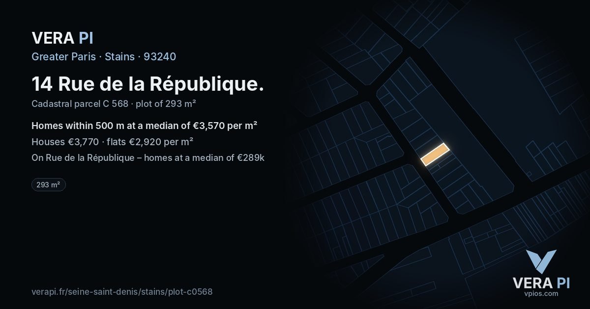 14 Rue de la République, Stains at night – the plot lit, the parcels around coloured by the prices near them