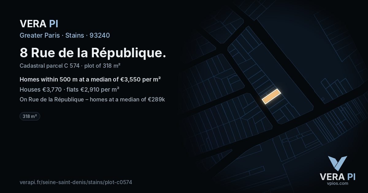 8 Rue de la République, Stains at night – the plot lit, the parcels around coloured by the prices near them