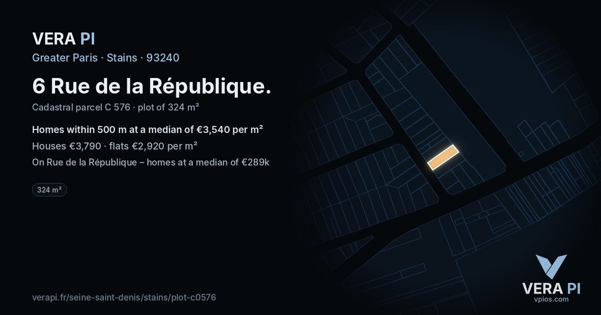 6 Rue de la République, Stains at night – the plot lit, the parcels around coloured by the prices near them