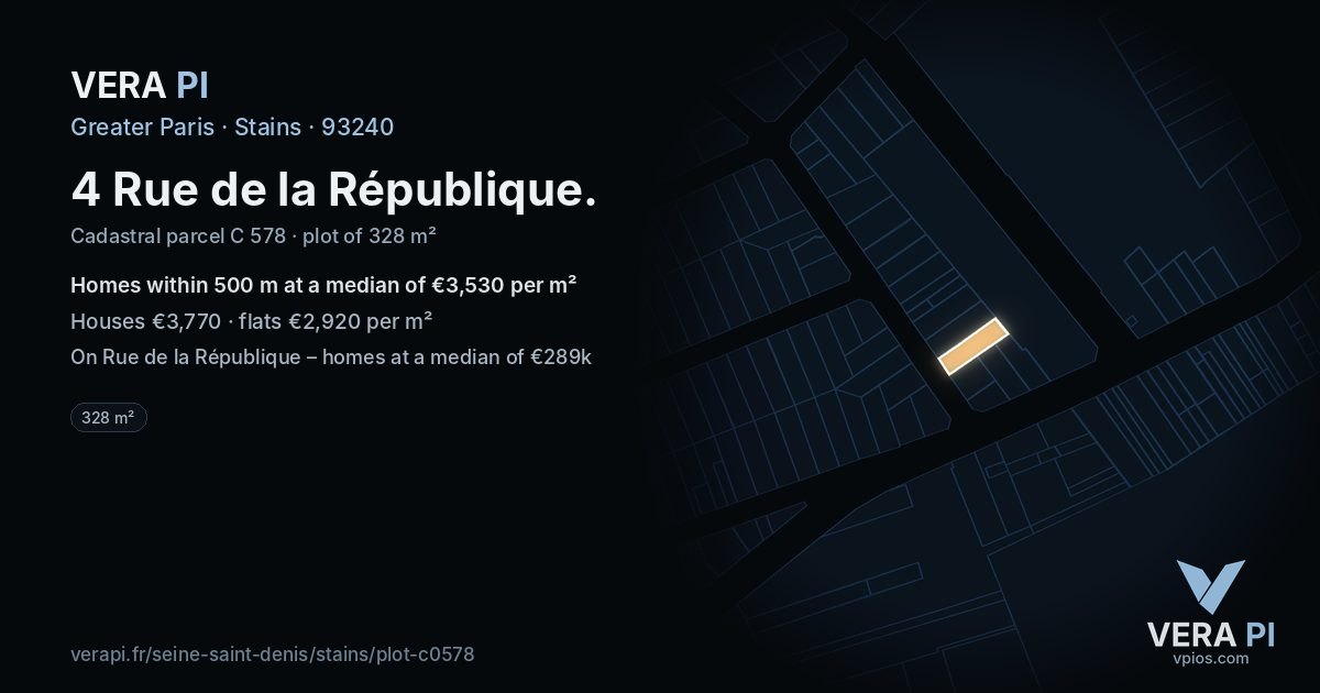 4 Rue de la République, Stains at night – the plot lit, the parcels around coloured by the prices near them