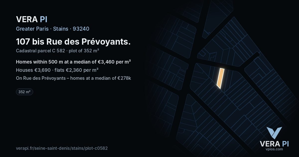 107 bis Rue des Prévoyants, Stains at night – the plot lit, the parcels around coloured by the prices near them