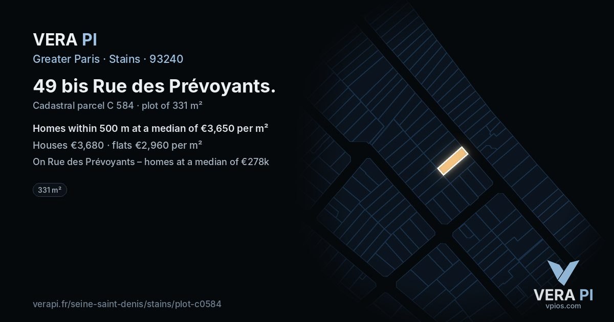 49 bis Rue des Prévoyants, Stains at night – the plot lit, the parcels around coloured by the prices near them