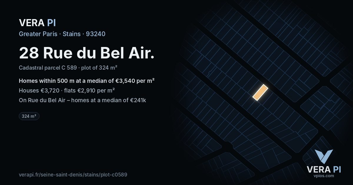 28 Rue du Bel Air, Stains at night – the plot lit, the parcels around coloured by the prices near them