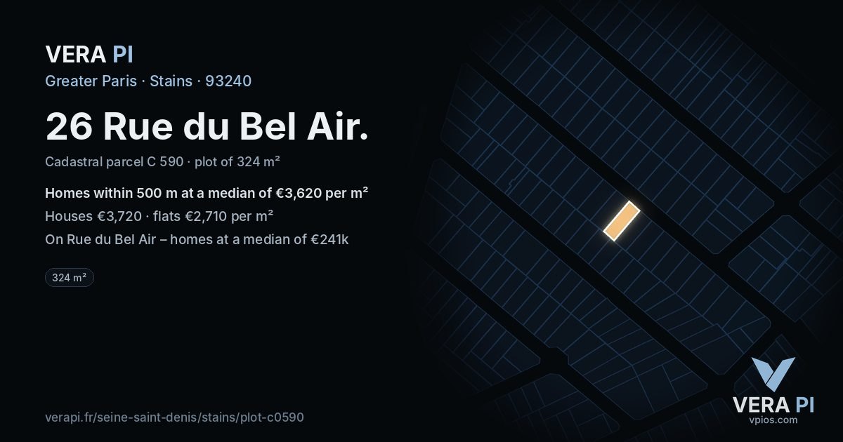 26 Rue du Bel Air, Stains at night – the plot lit, the parcels around coloured by the prices near them
