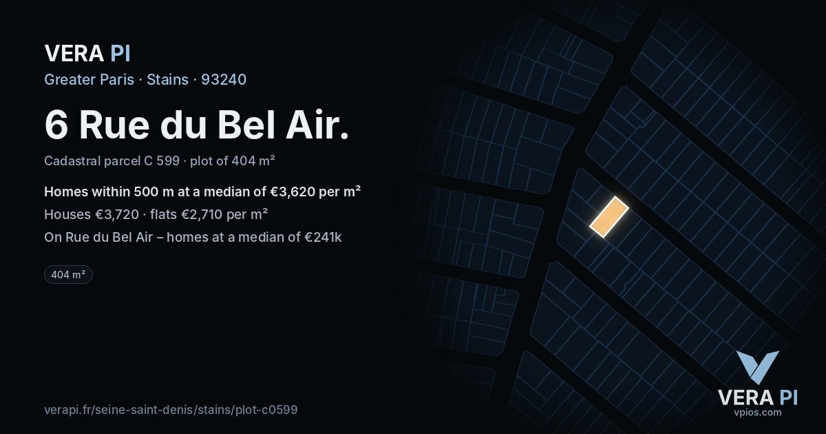 6 Rue du Bel Air, Stains at night – the plot lit, the parcels around coloured by the prices near them
