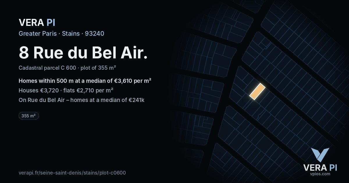 8 Rue du Bel Air, Stains at night – the plot lit, the parcels around coloured by the prices near them