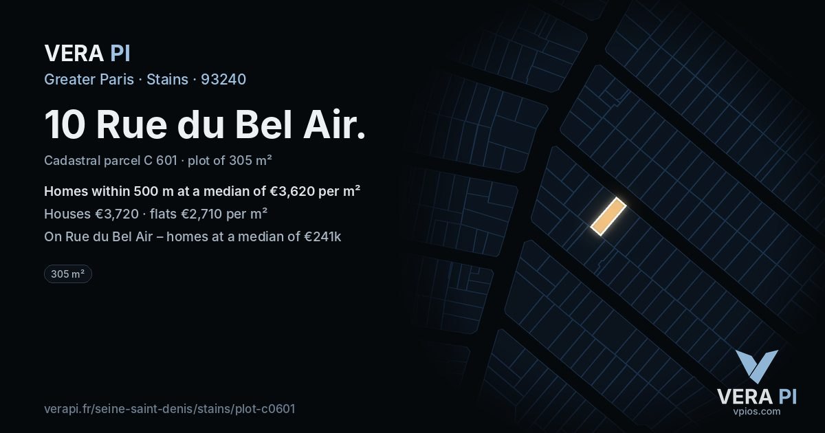 10 Rue du Bel Air, Stains at night – the plot lit, the parcels around coloured by the prices near them