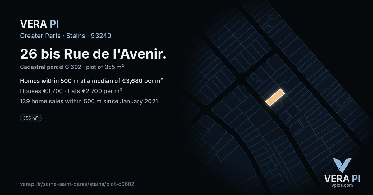 26 bis Rue de l'Avenir, Stains at night – the plot lit, the parcels around coloured by the prices near them