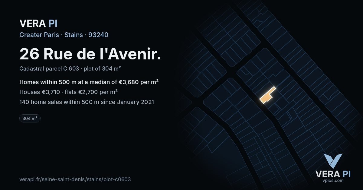 26 Rue de l'Avenir, Stains at night – the plot lit, the parcels around coloured by the prices near them