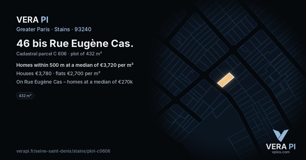 46 bis Rue Eugène Cas, Stains at night – the plot lit, the parcels around coloured by the prices near them