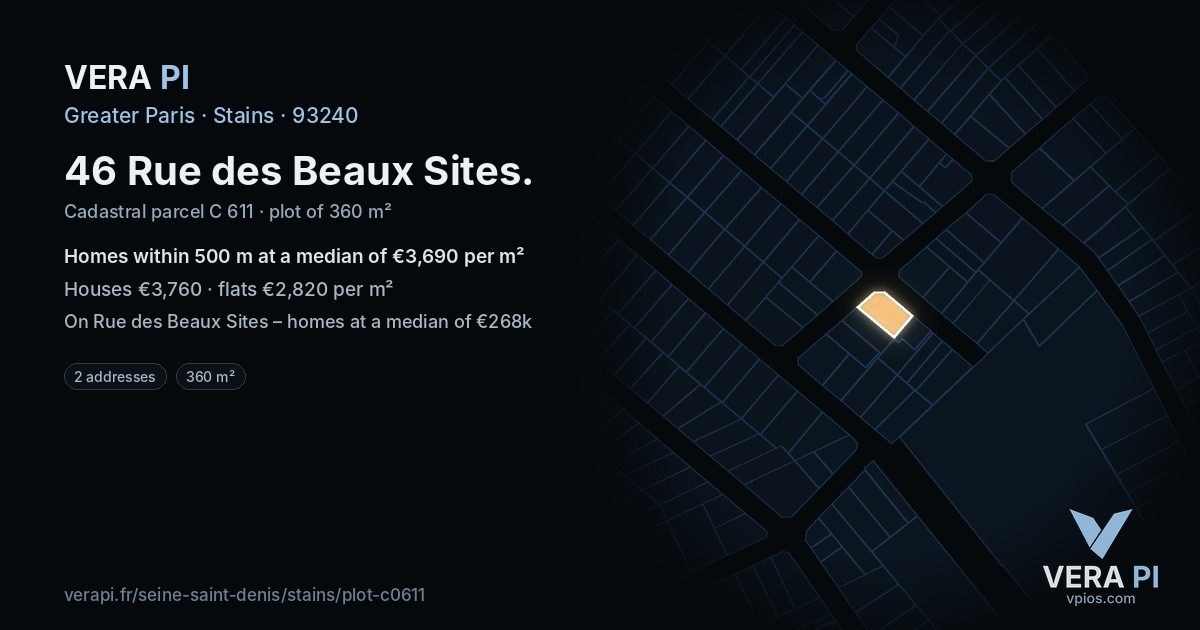 46 Rue des Beaux Sites, Stains at night – the plot lit, the parcels around coloured by the prices near them