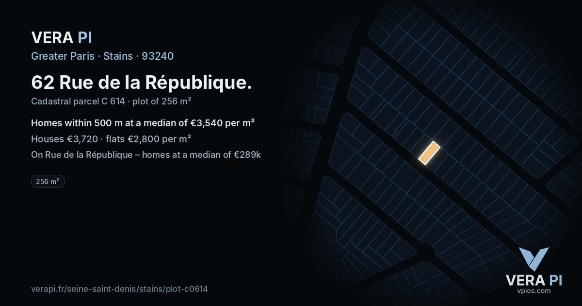 62 Rue de la République, Stains at night – the plot lit, the parcels around coloured by the prices near them