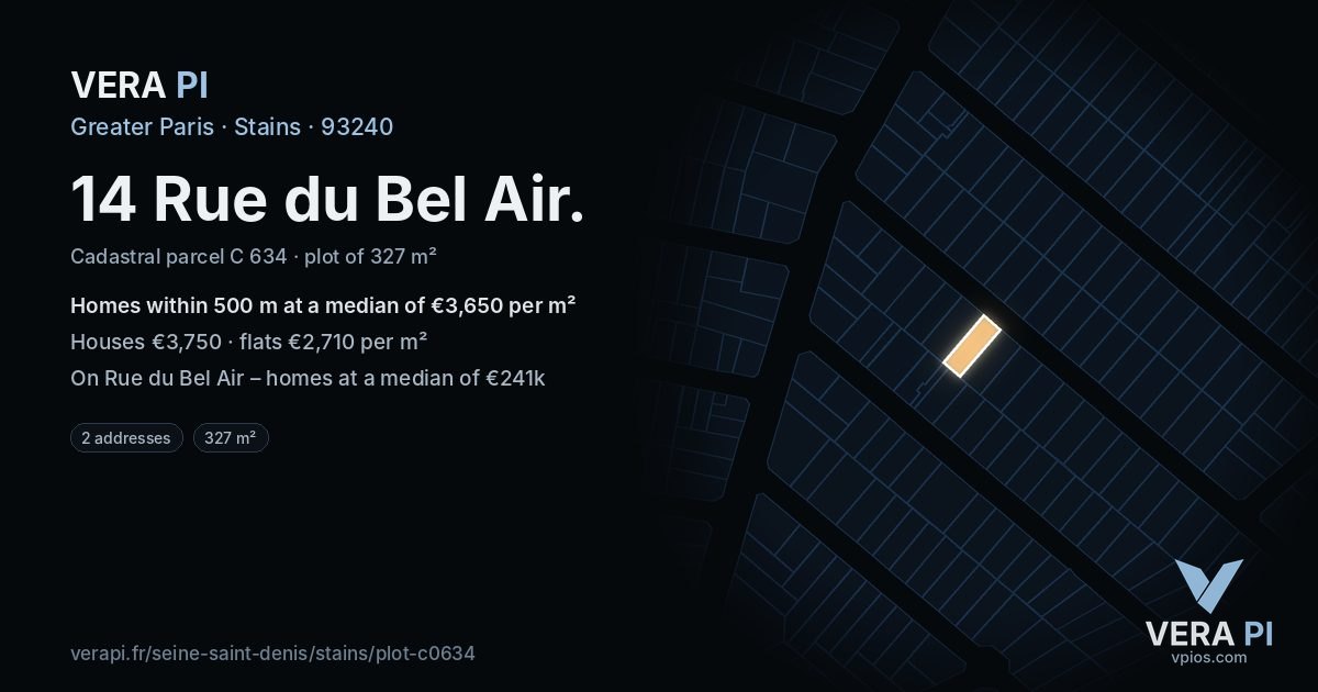 14 Rue du Bel Air, Stains at night – the plot lit, the parcels around coloured by the prices near them