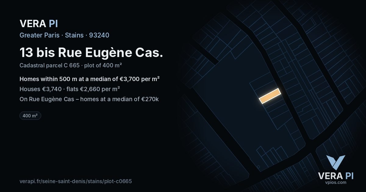 13 bis Rue Eugène Cas, Stains at night – the plot lit, the parcels around coloured by the prices near them
