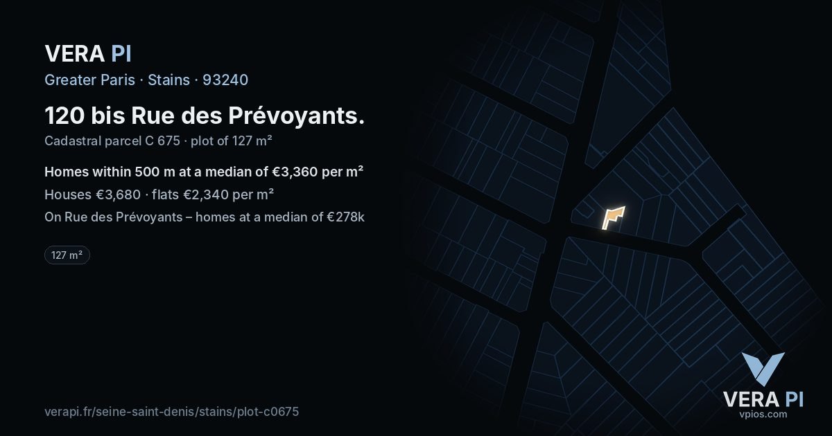 120 bis Rue des Prévoyants, Stains at night – the plot lit, the parcels around coloured by the prices near them