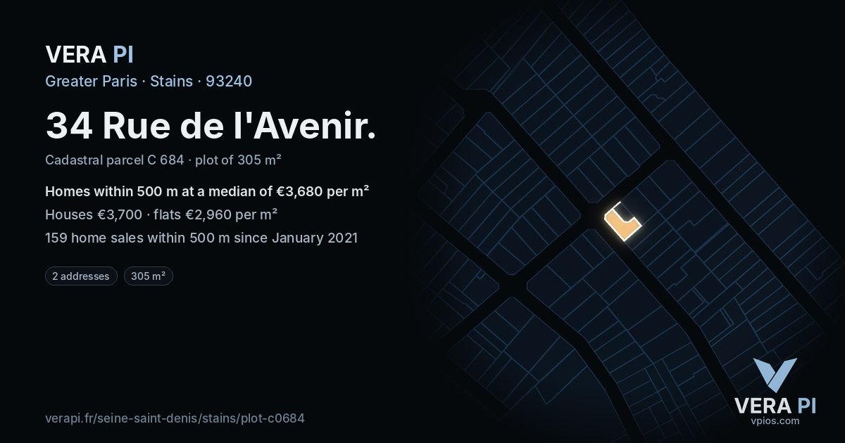 34 Rue de l'Avenir, Stains at night – the plot lit, the parcels around coloured by the prices near them