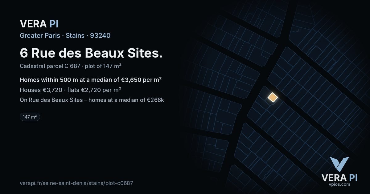 6 Rue des Beaux Sites, Stains at night – the plot lit, the parcels around coloured by the prices near them