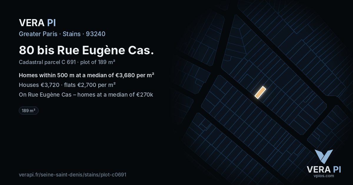 80 bis Rue Eugène Cas, Stains at night – the plot lit, the parcels around coloured by the prices near them