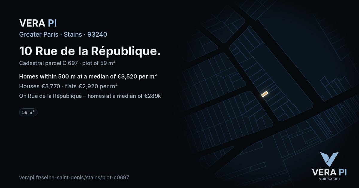 10 Rue de la République, Stains at night – the plot lit, the parcels around coloured by the prices near them
