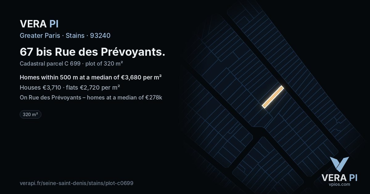 67 bis Rue des Prévoyants, Stains at night – the plot lit, the parcels around coloured by the prices near them