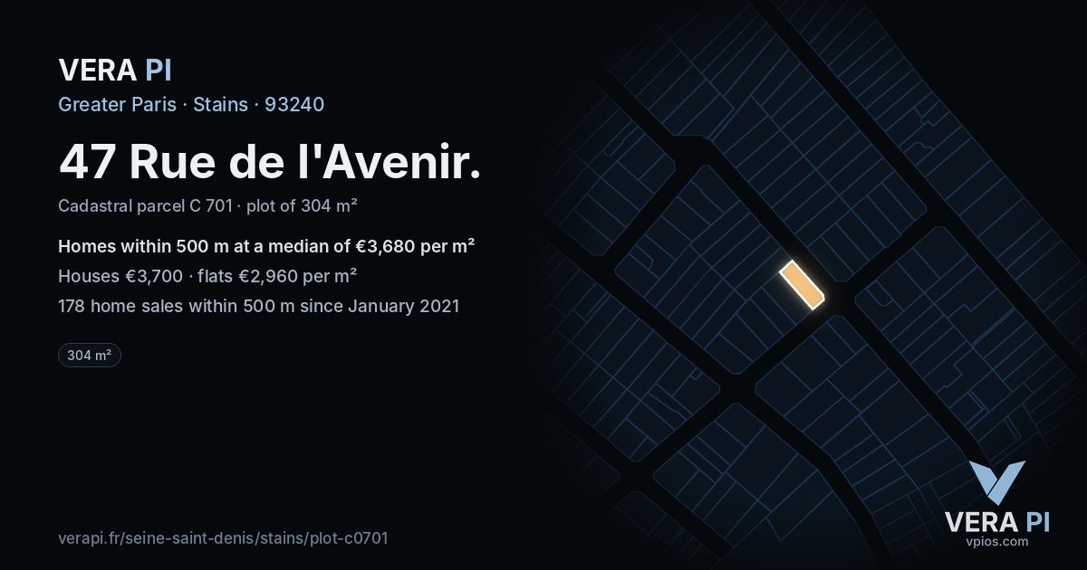 47 Rue de l'Avenir, Stains at night – the plot lit, the parcels around coloured by the prices near them