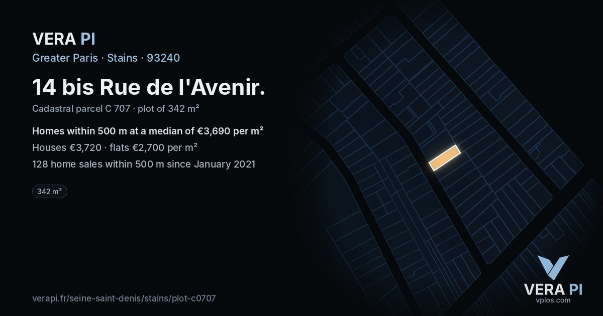 14 bis Rue de l'Avenir, Stains at night – the plot lit, the parcels around coloured by the prices near them