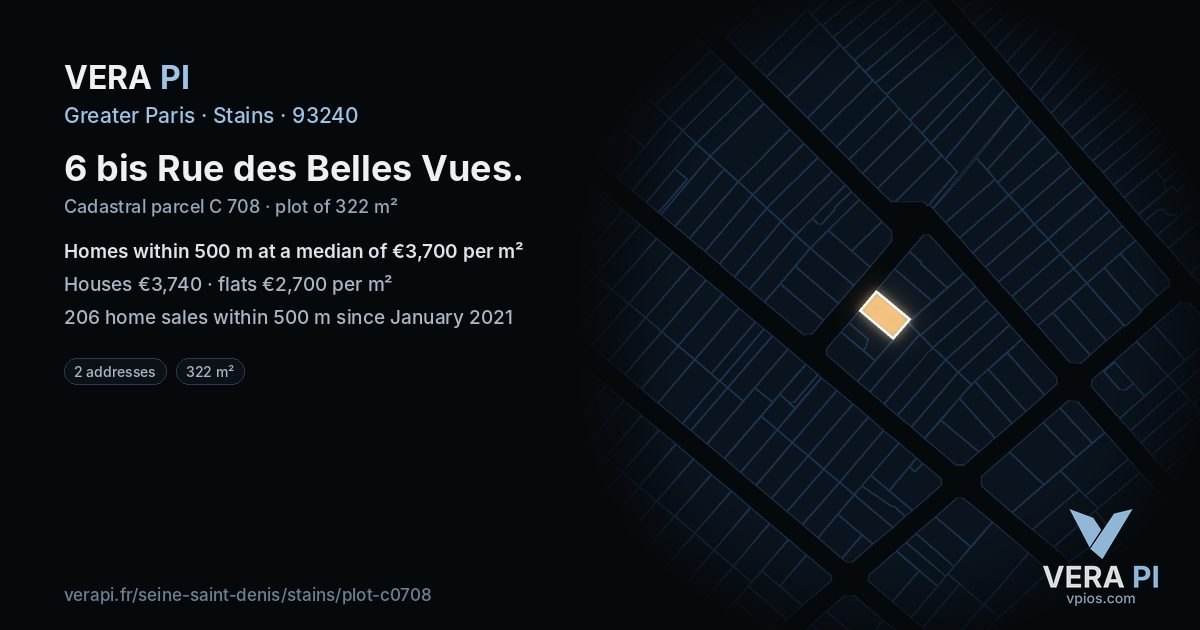 6 bis Rue des Belles Vues, Stains at night – the plot lit, the parcels around coloured by the prices near them