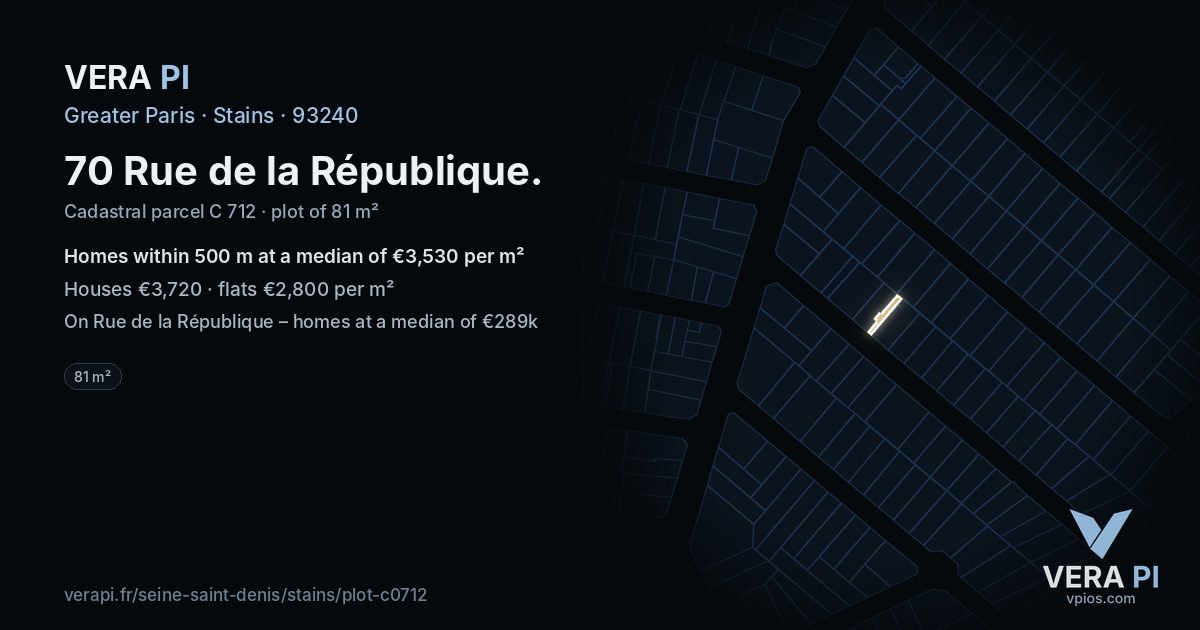 70 Rue de la République, Stains at night – the plot lit, the parcels around coloured by the prices near them