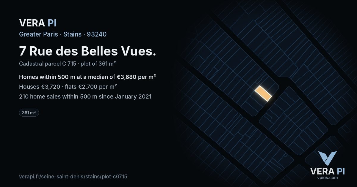 7 Rue des Belles Vues, Stains at night – the plot lit, the parcels around coloured by the prices near them