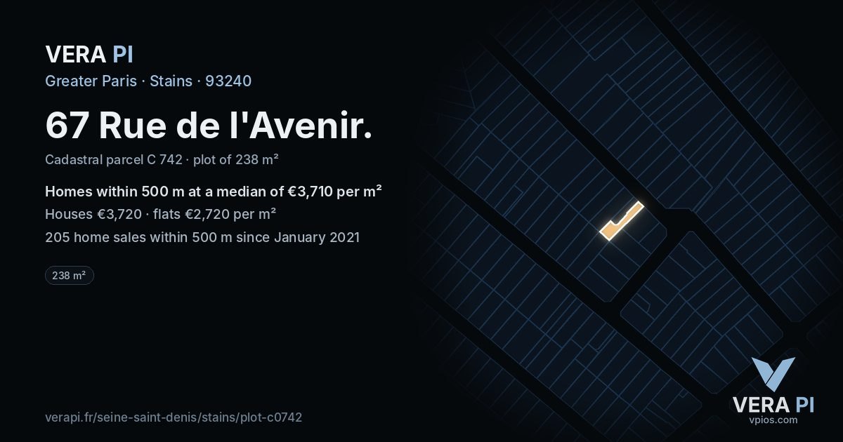 67 Rue de l'Avenir, Stains at night – the plot lit, the parcels around coloured by the prices near them