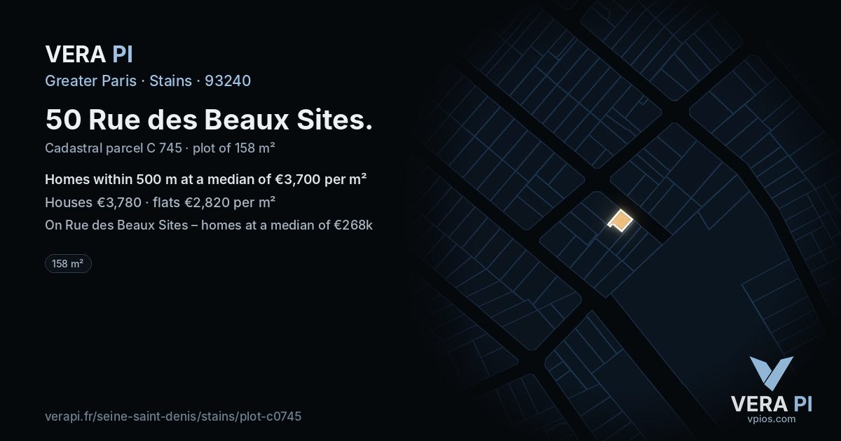 50 Rue des Beaux Sites, Stains at night – the plot lit, the parcels around coloured by the prices near them