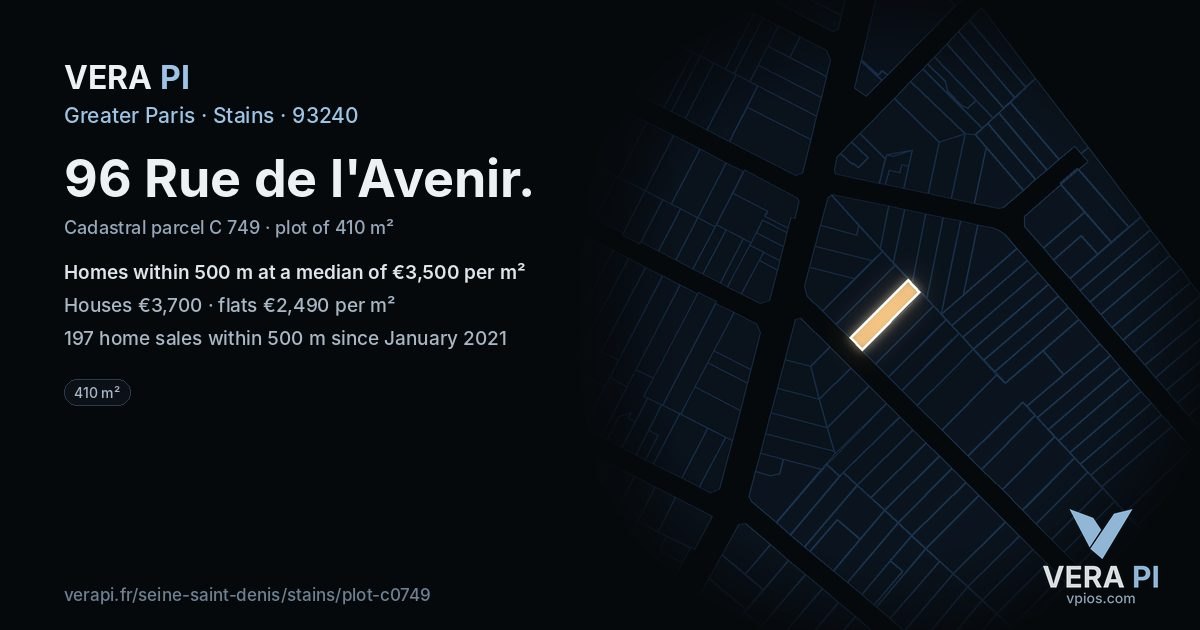 96 Rue de l'Avenir, Stains at night – the plot lit, the parcels around coloured by the prices near them